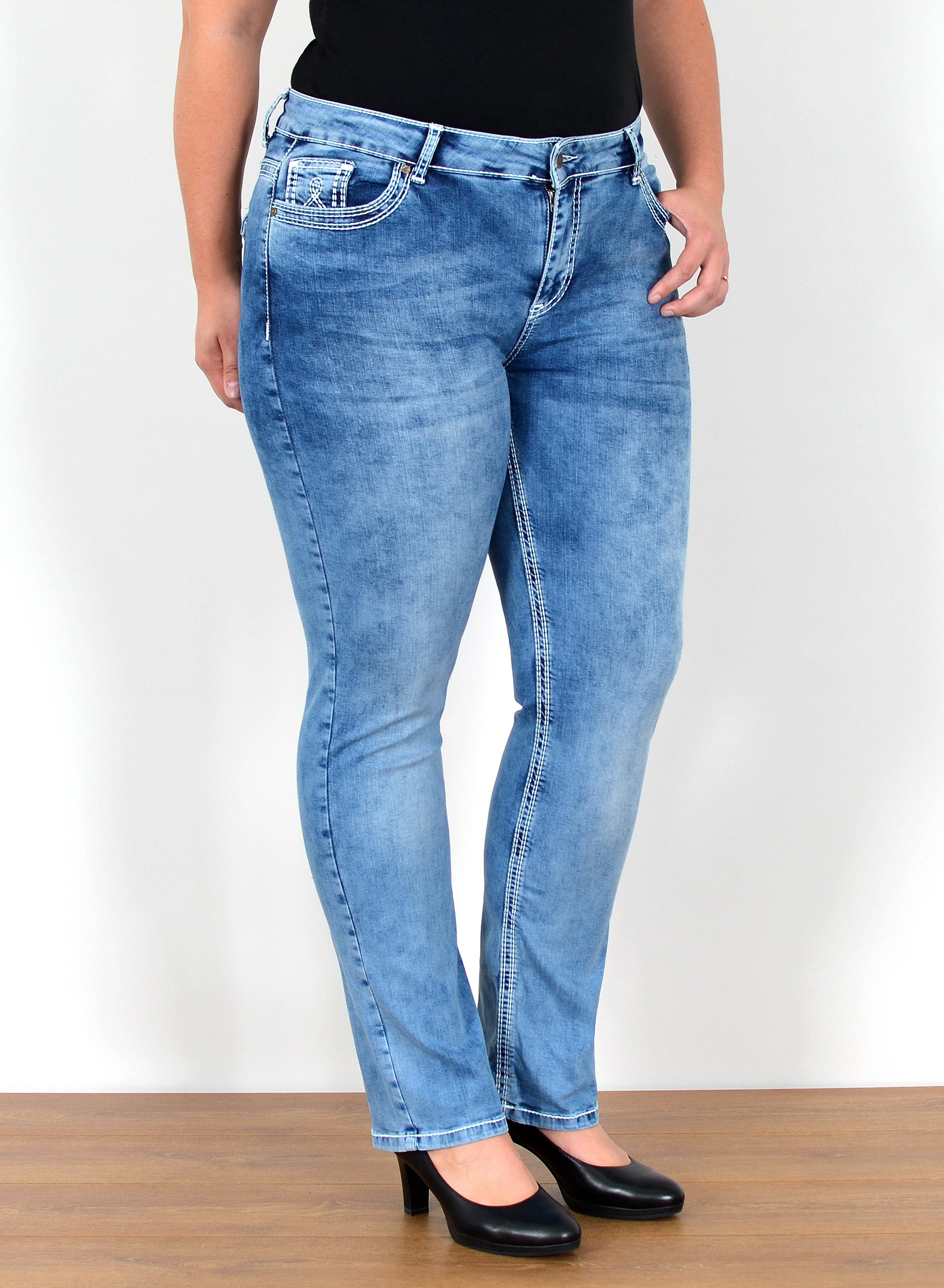 ESRA StraightJeans FG11 Straight Fit Jeans Damen High Waist Hose mit weißer Naht bis Plus Size